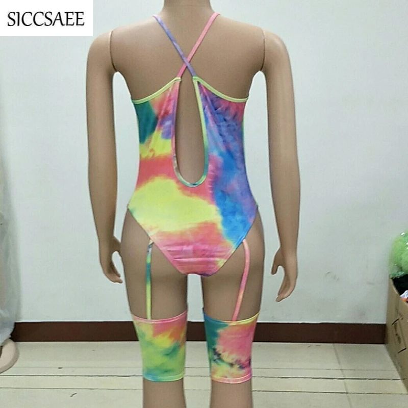 

Tie Dye Printed Bodycon Bodysuit Deep V Neck Bandage Jumpsuits Ribbons Open Back Cut Out Stripper Sexy Club Wear Asymmetrical