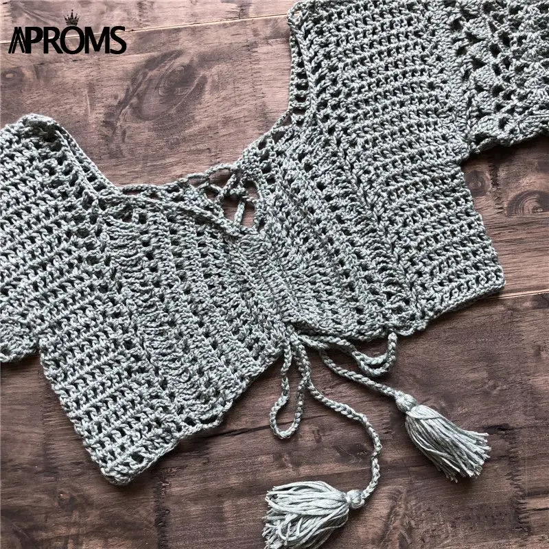 Aproms, сексуальные вязаные топы на шнуровке, вязаные крючком, женская летняя пляжная одежда, бикини, укороченный топ, повседневная Открытая Майка, женские футболки