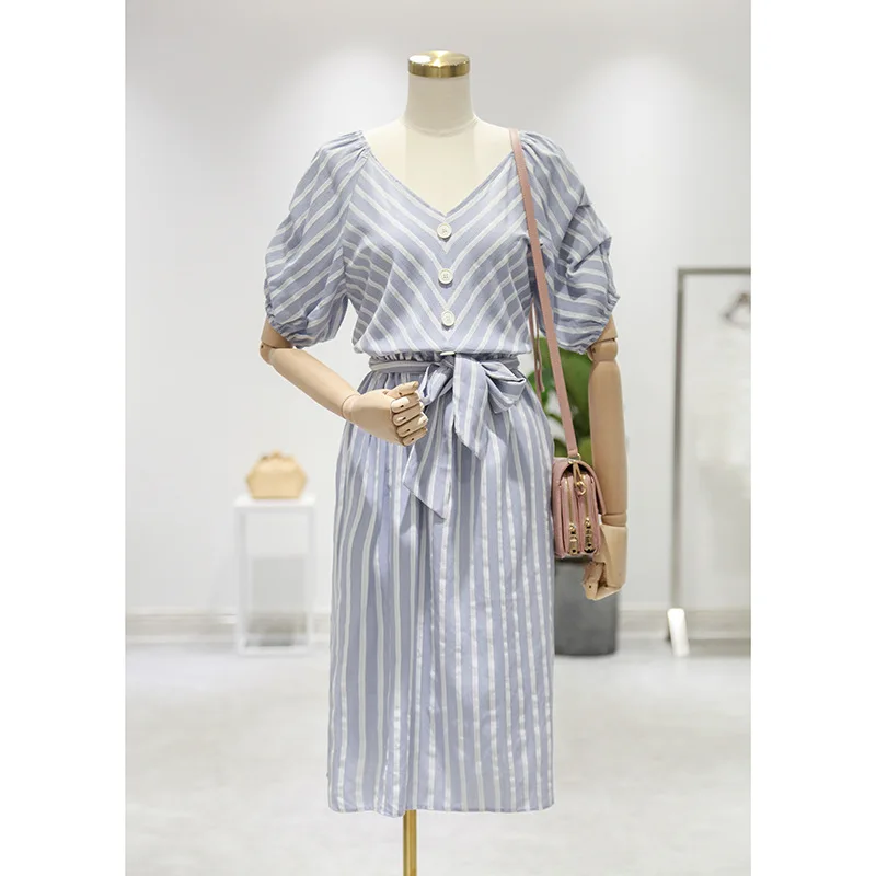 LARCI дамы полосатом платье пояса лук до середины икры короткий рукав фонарик v