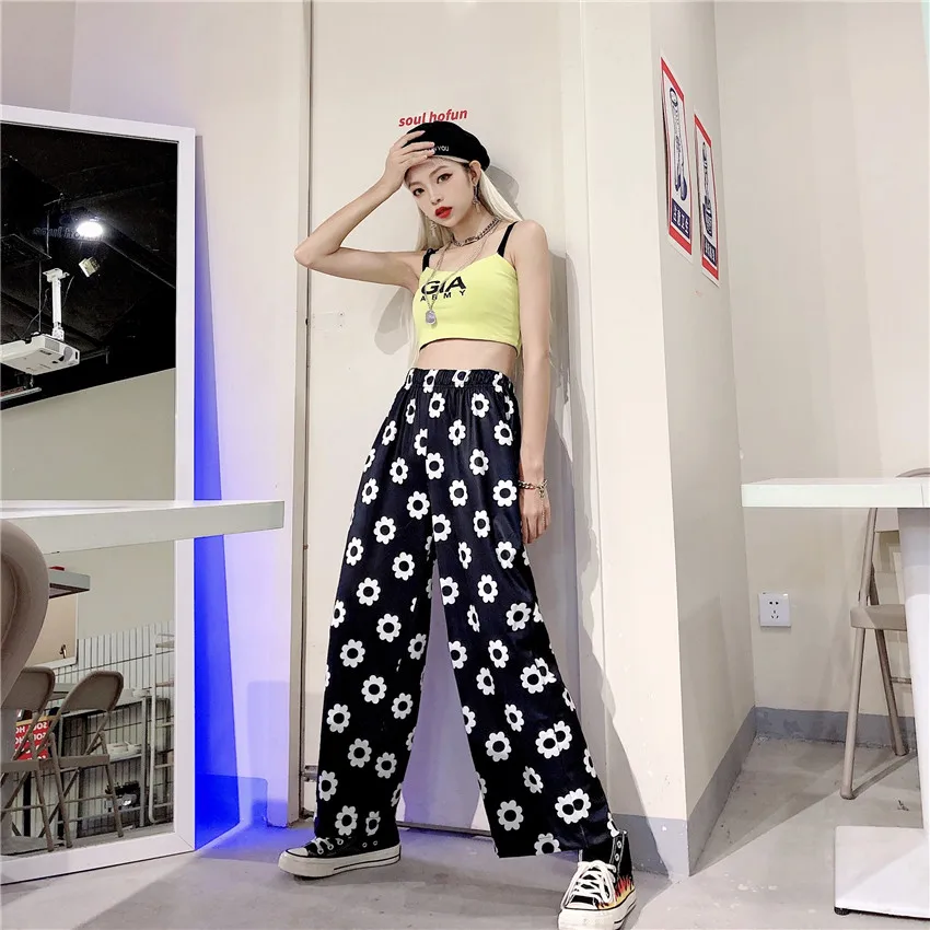 Оранжевый цвет: черный, синий с рисунком в виде ромашек и бандана Kawaii Boho строка Высокая талия карман свободного кроя в стиле «Лолита»; сезон лето брюки корейский брюки Харадзюку Для женщин Симпатичные