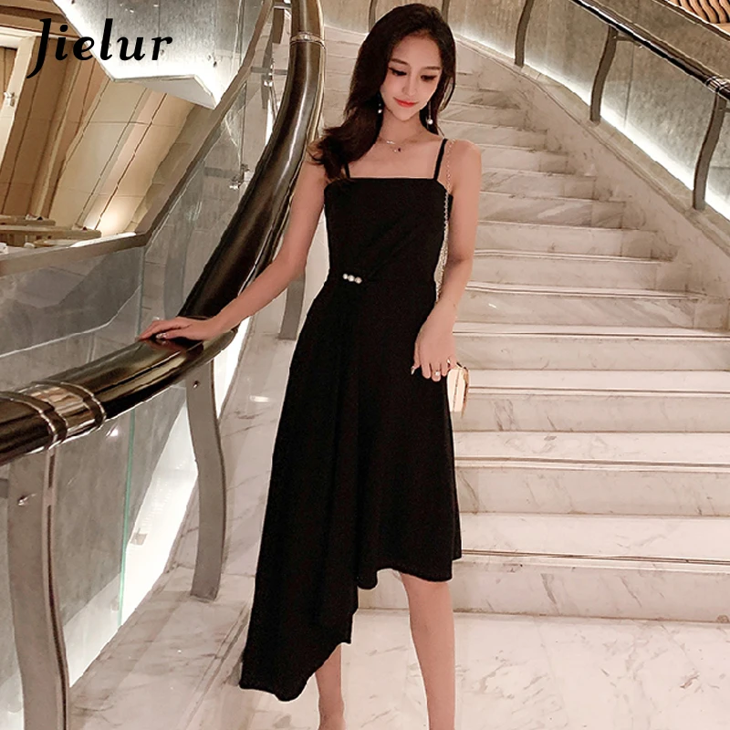 

Jielur Black Spaghetti Strap Sexy Dress Women Charming Vintage Ladies Dresses Summer Korean Slim Irregular Vestidos Verano Femme