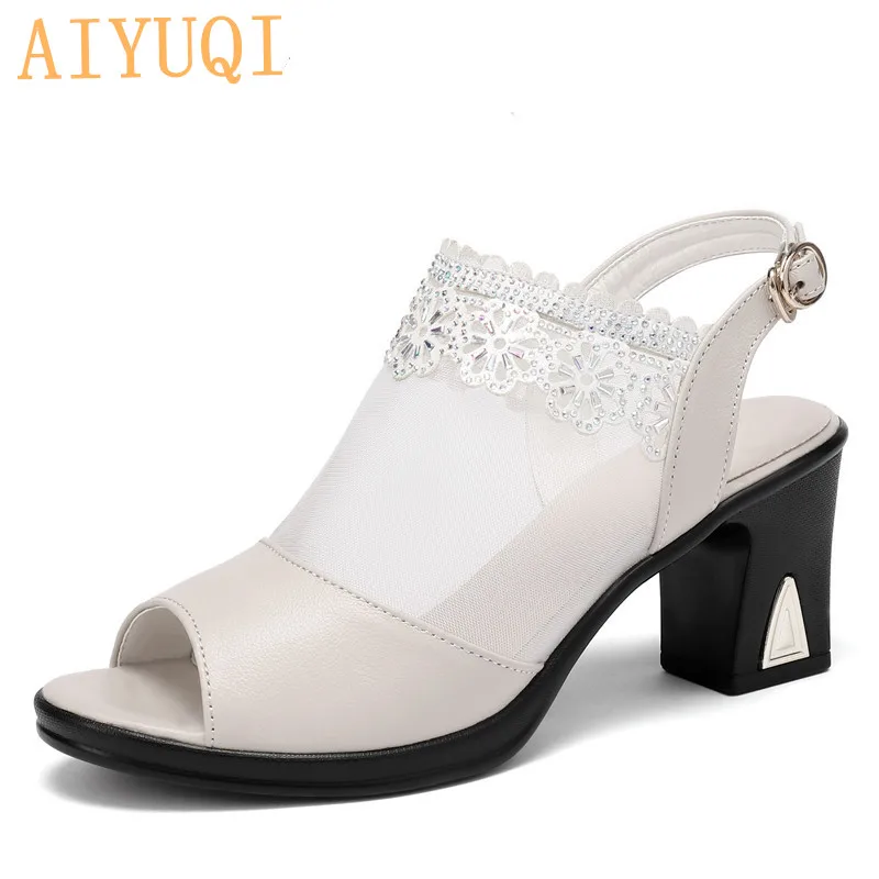 

AIYUQI Women high heel sandals 2021 new women sandals genuine leather Fashion mesh breathable open toe women sandals summer
