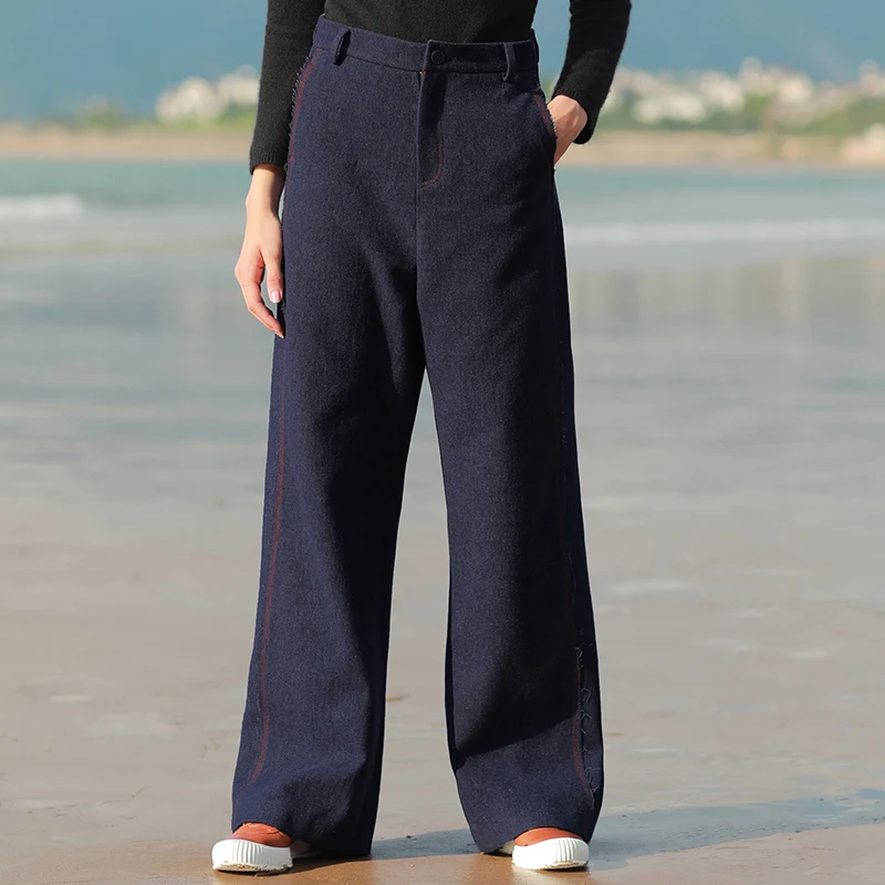 

2018 AW Collection original design casual long wool denim wide leg pants women