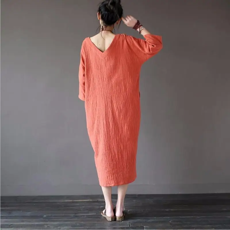 Женское свободное платье из хлопка и льна длинное винтажное большого размера с