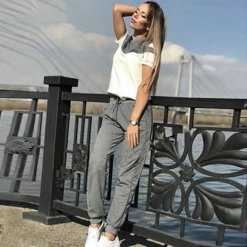 Женский спортивный костюм весенний хлопковый пуловер с коротким рукавом свитер
