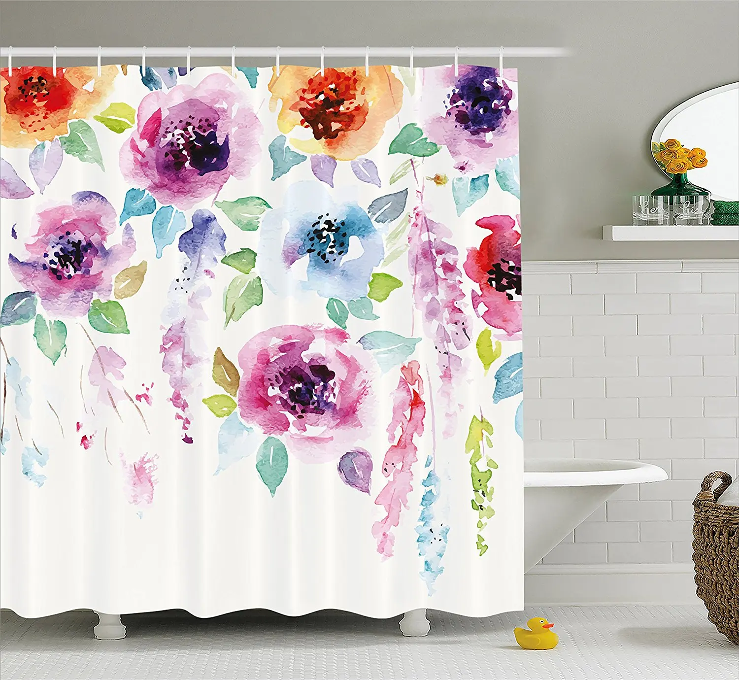 

Abstract Shower Curtain Modern Design Watercolor Decor with Floral Leaves Seemed Ombre Details Art Print Multicolor