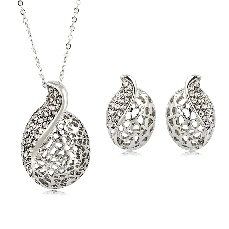 

RONGQING 12Set/lot Hollow Round Rhinestone Water Droplets Pendant Necklace Metal Earring Sets for Women Party Jewelry