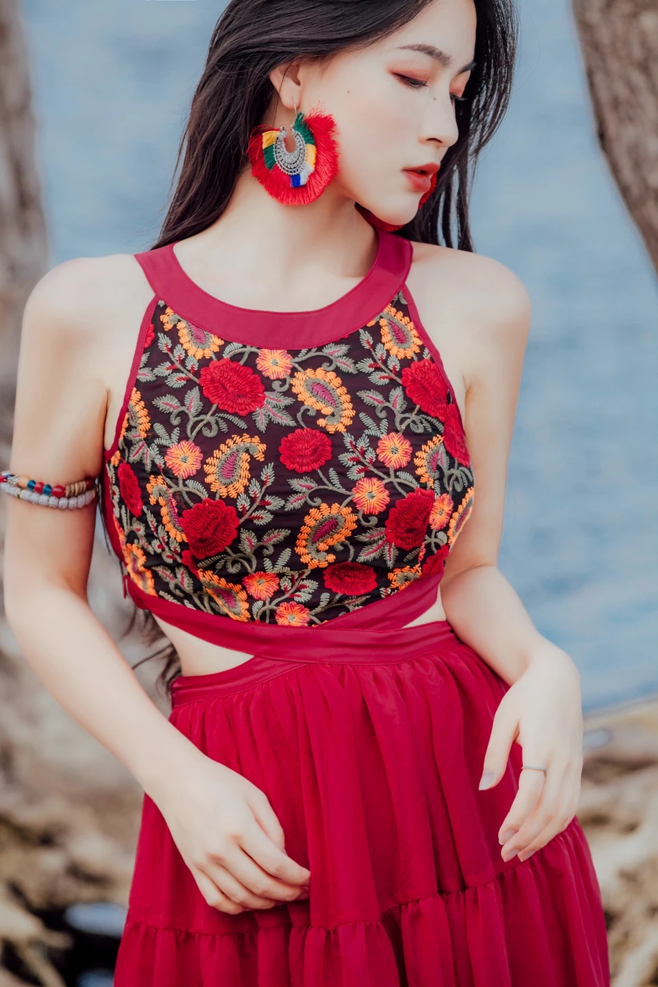 KHALEE YOSE Boho Макси платье летние винтажные вышитые платья шифоновые многоярусные завязанные без рукавов Midriff сексуальное платье Хиппи для женщин