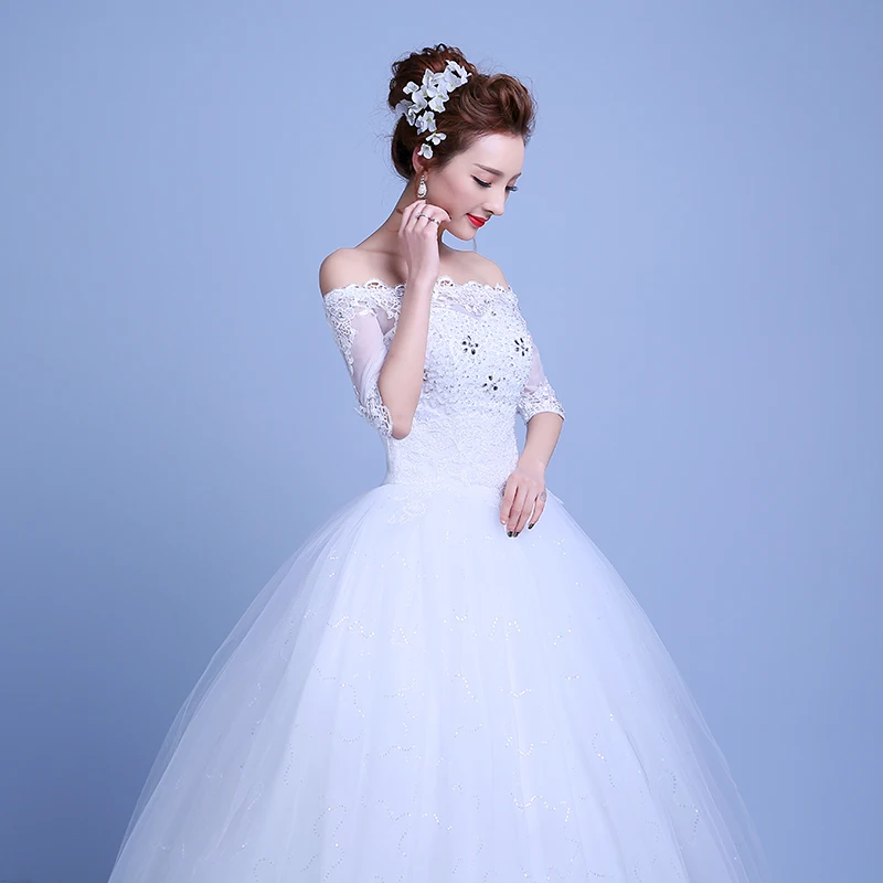 Bridal Gowns Beading Wedding Dresses 2016 New Lace vestidos de novia A-Line Appliques Boat Neck Petite Pleat Elegant | Свадьбы и
