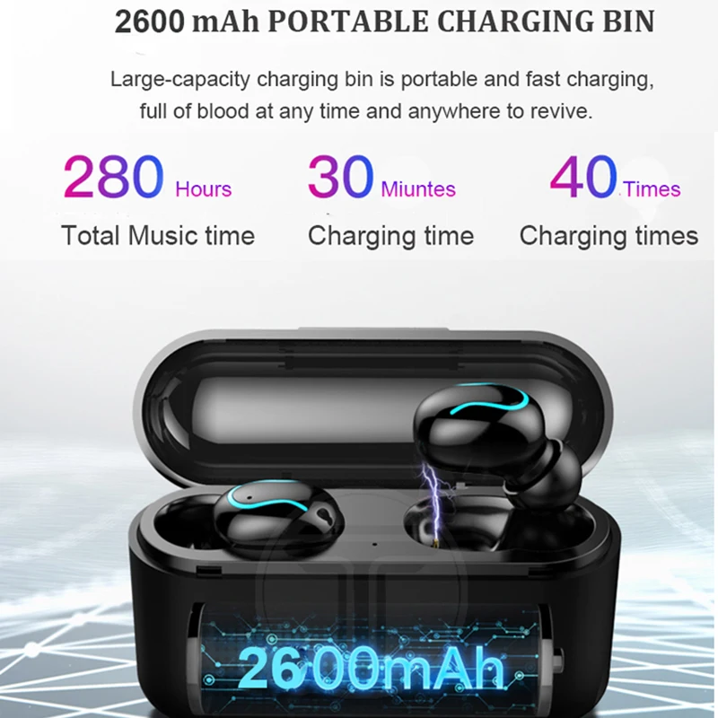 Tws V5.0 Bluetooth наушники, стерео бас, настоящие беспроводные наушники, Спортивные Bluetooth наушники, Мини наушники с 2600 мАч, Дополнительный внешний аккумулятор