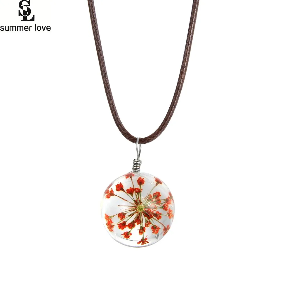 Романтические настоящие сухие цветы для девочек ожерелье с подвеской из стекла