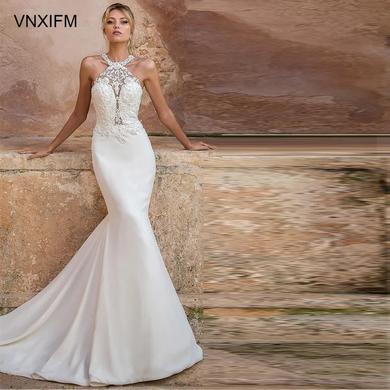 VNXIFM 2019 bridal halter neck heavily embellished bodice elegant fit and flare trumpet wedding dress rasor back medium train|Свадебные