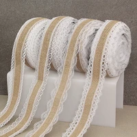 2mroll 25mm natural jute burlap hessian lace ribbon with white lace trim edge rustic vintage wedding centerpieces decoration