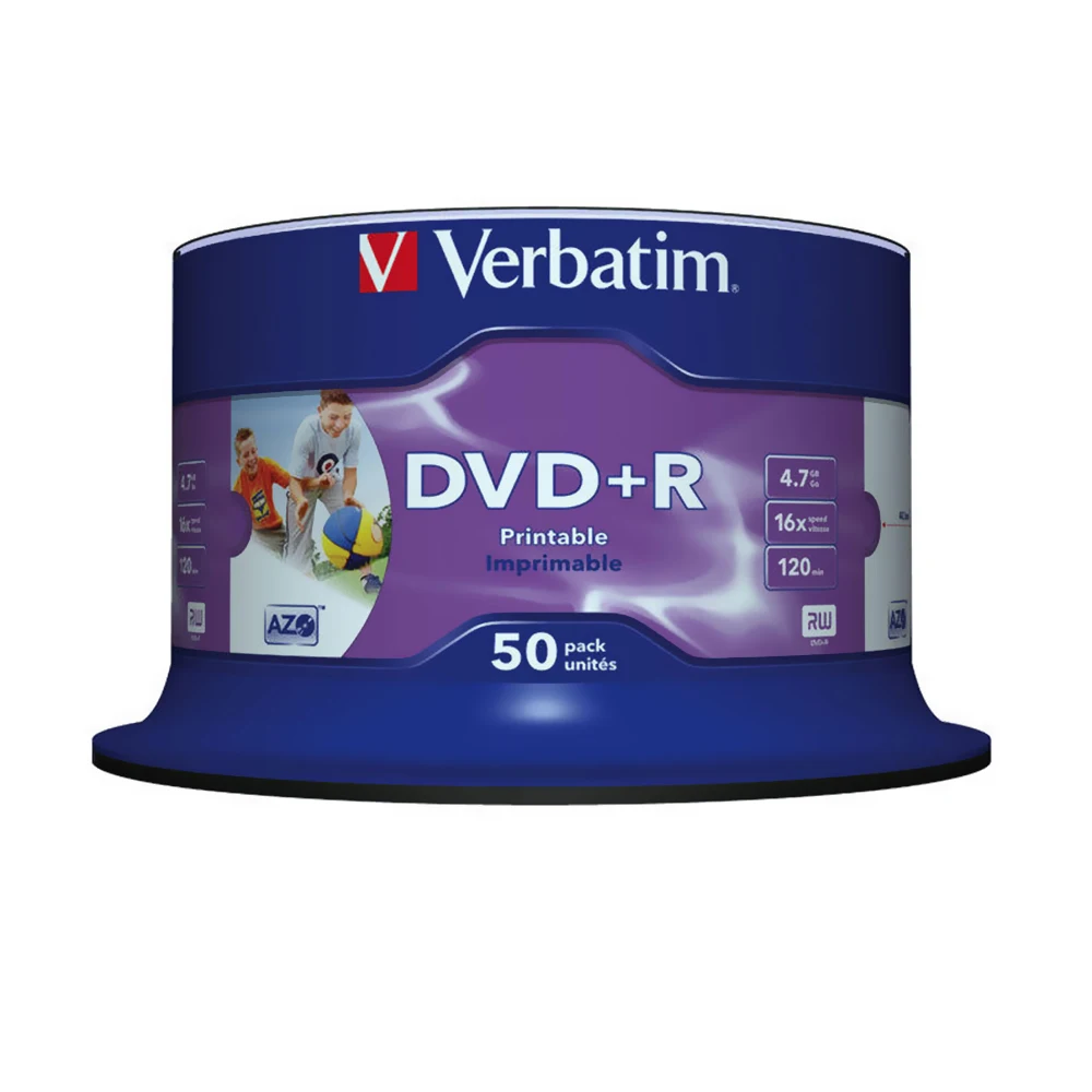 Verbatim DVD + R 4 7 GB 16X 50PK шпиндель белый струйный для печати записываемый диск Пустой