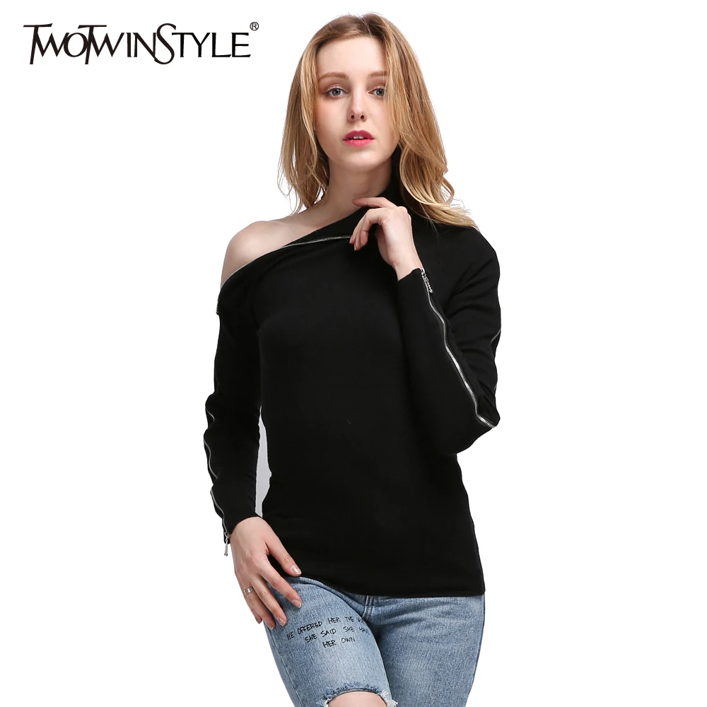 TWOTWINSTYLE 2019 вязанные пуловеры с открытыми плечами свитер для женщин водолазка
