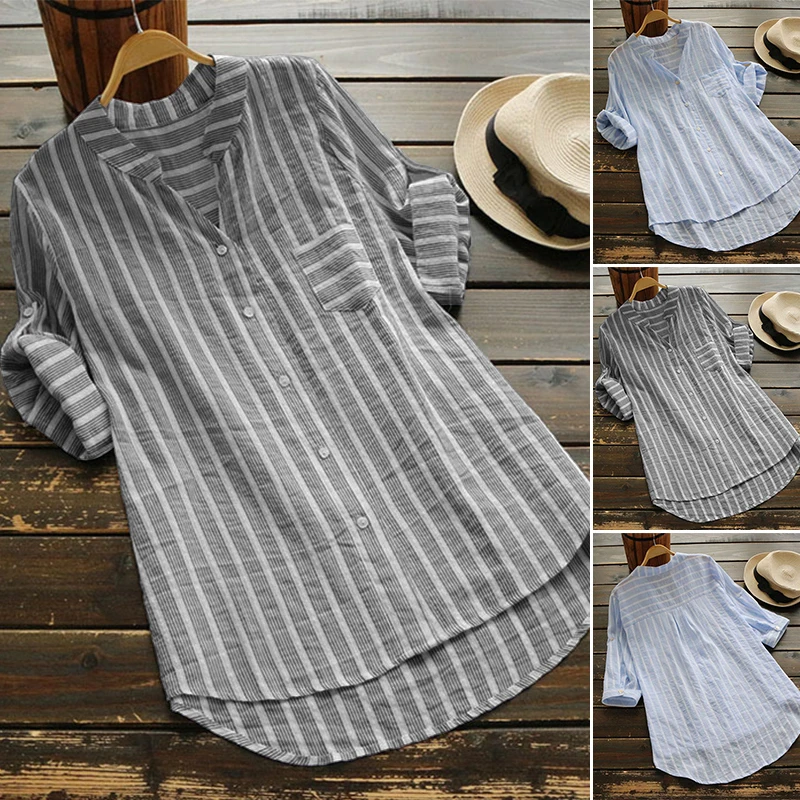 

ZANZEA Women Linen Blouse 2021 Autumn Top Female Casual 3/4 Sleeve Shirt Mujer Striped Work Blusa Ladies Sexy V Neck Vestidos