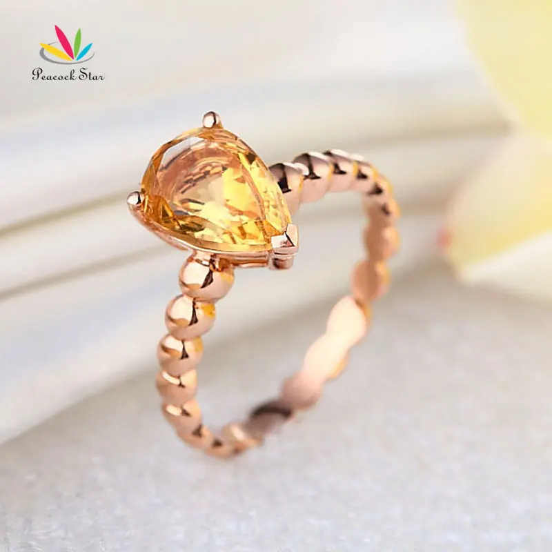 Павлин звезда 14K розовое золото обручальное кольцо пасьянс 1 6 Ct груша цитрин| |