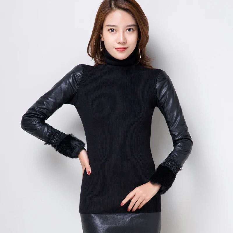 

Женский свитер с меховым декором, кожаный свитер в стиле пэтчворк, тонкий свитер с высоким воротом и кожаным рукавом