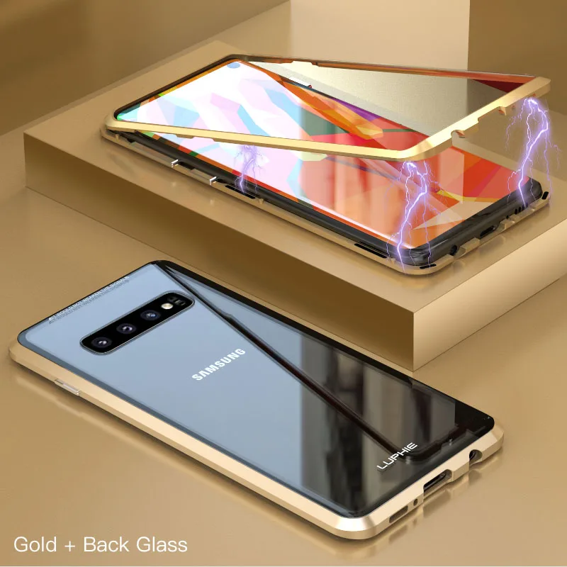 Gold Gold Магнитный чехол LUPHIE для samsung Galaxy S10 Plus S10e, Магнитный чехол, прозрачная Задняя стеклянная крышка для samsung S10 Plus S10e, металлический бампер - Цвет: Gold Gold