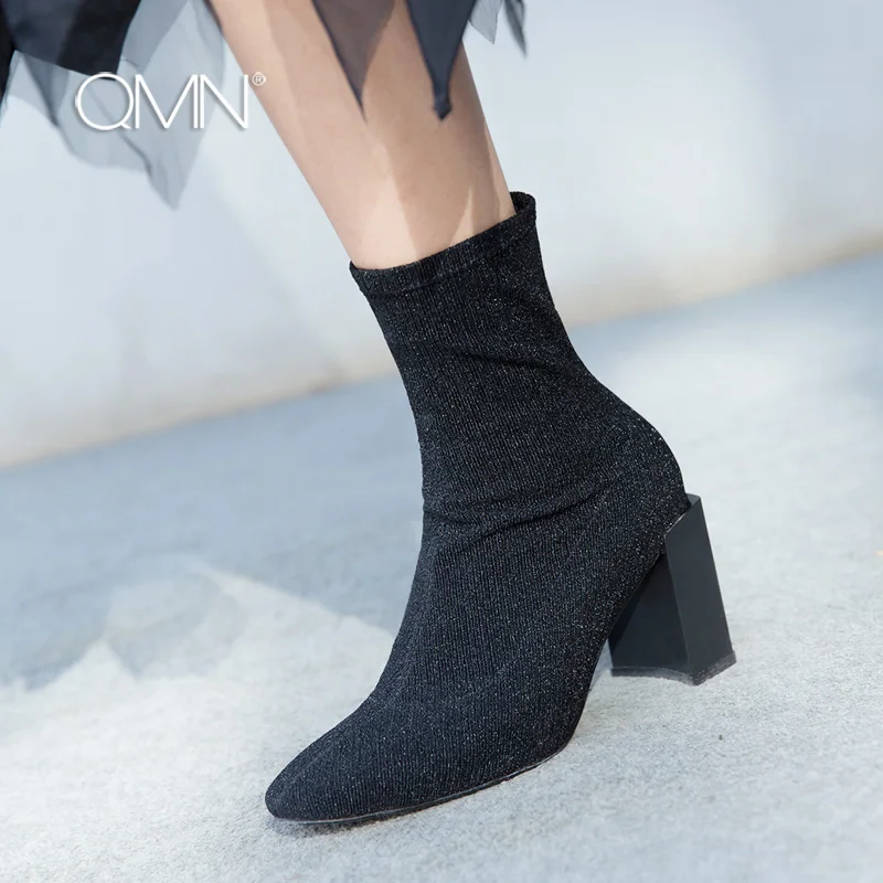 Qmn/женские стрейч fabic ботильоны Для женщин на высоком блочном каблуке квадратный
