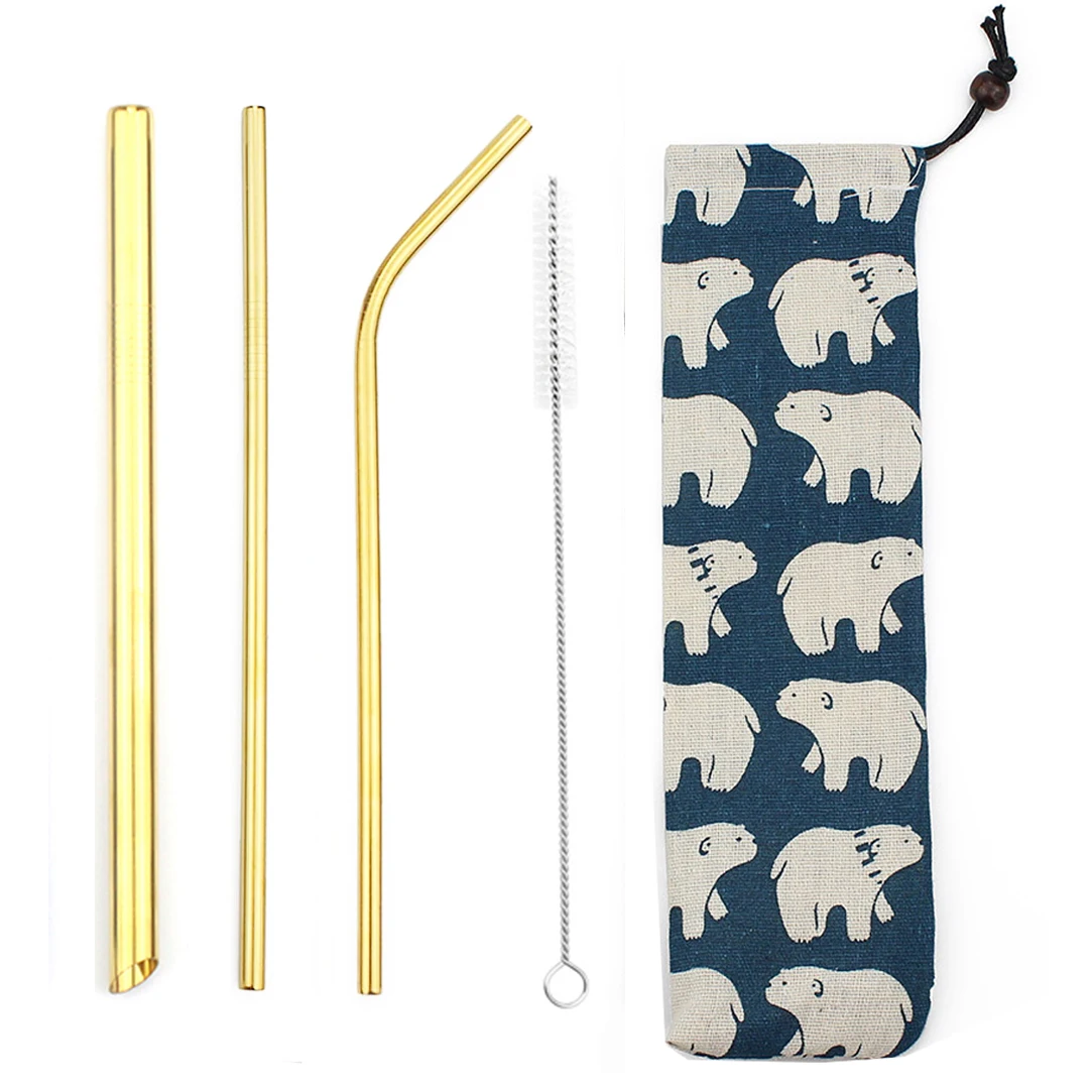 Gold 5pcs Reusable 304 Stainless Steel Rainbow Straw Metal Smoothies Drinking Straight Straws Silicone Cover with Brush Bag Wholesale - Цвет: Gold