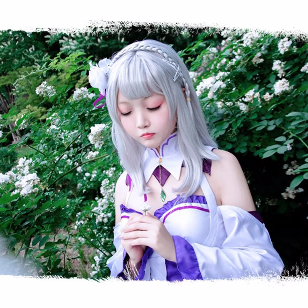 Re Zero Hajimeru Isekai Seikatsu Emilia костюм для косплея(платье* 1 шт., чулок* 2 шт., головной убор* 1 шт