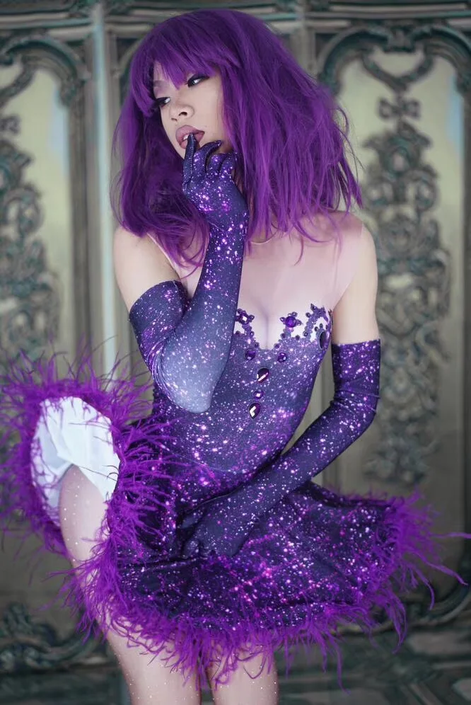 

Women New Sexy Dance Team Ballroom Purple Crystals Feather Bodysuit Dress Female Stage Wear Party Show Performance Dance Outfit