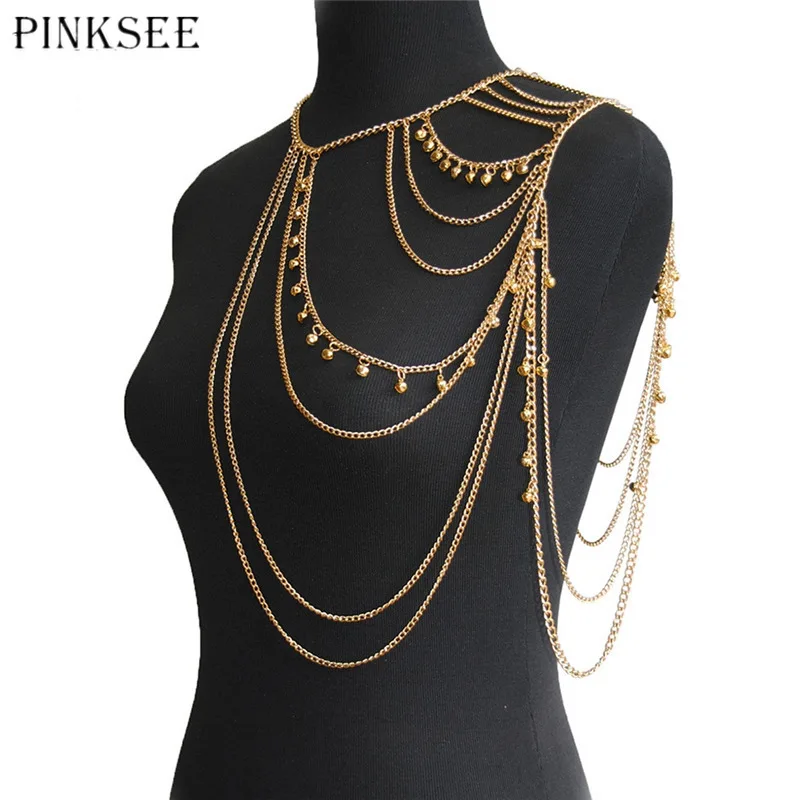 

PINKSEE модная цепочка для тела для женщин, Сексуальная кисточка, ювелирные изделия для тела с колокольчиком, многослойная Наплечная цепочка
