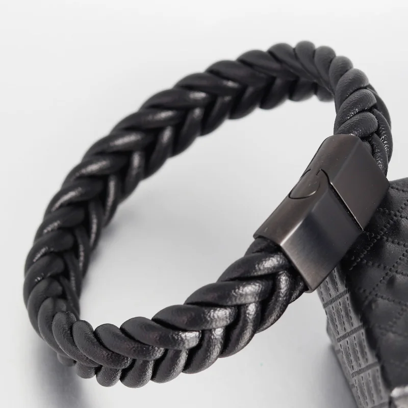 black 1 Плетеный кожаный браслет для мужчин из нержавеющей стали двухцветная Магнитная Застежка модные браслеты панк мужские ювелирные изделия - Окраска металла: black 1