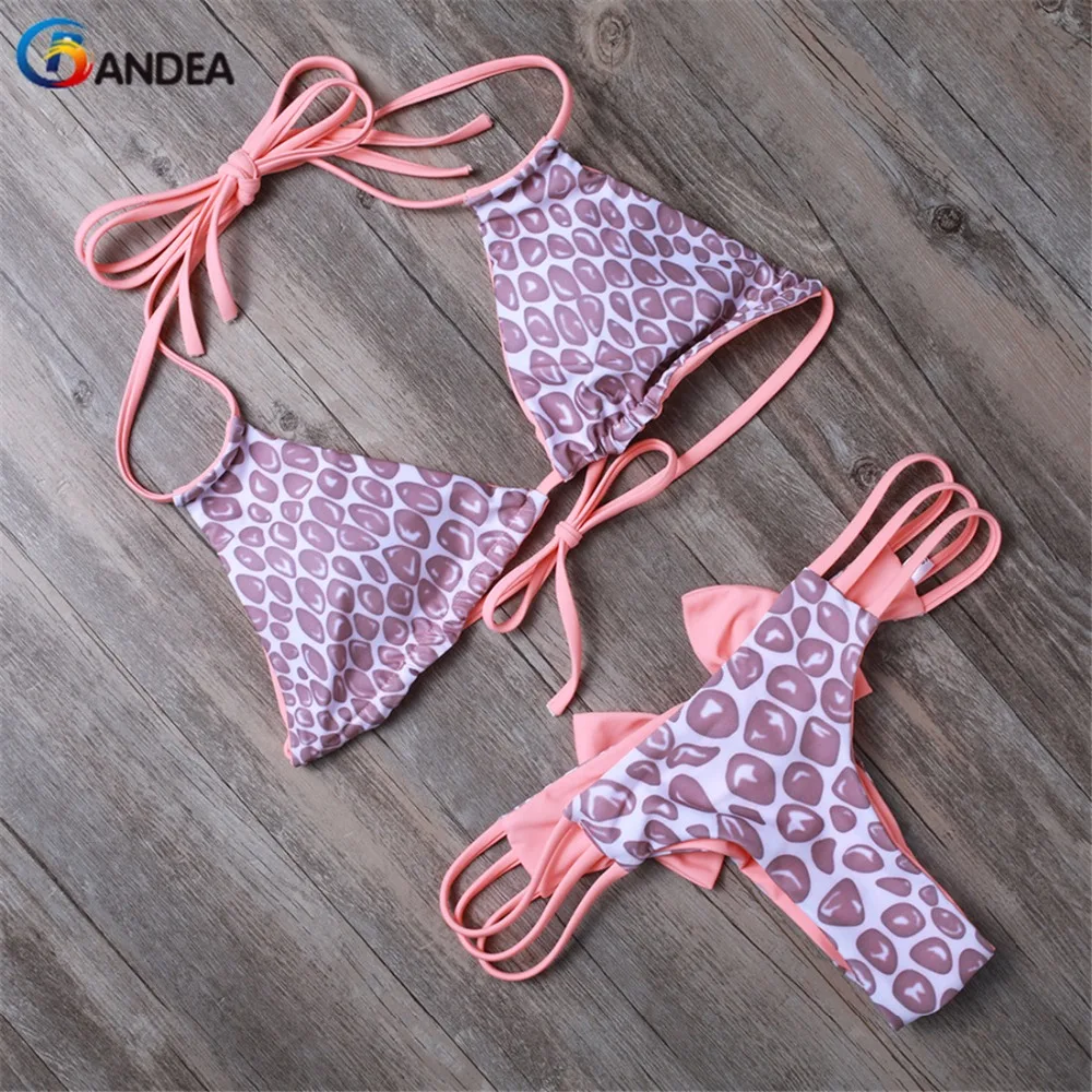 

2019 Women Halter Swimsuit Sexy Printed Bow Bikini Brazilian Strappy Swimwear Cut Out Bathing Suit Biquinis