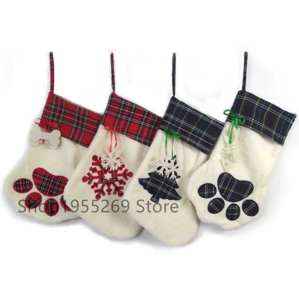 

Wholesale 200pcs/lot Personalised Christmas Stockings 2018 Plaid Dog Paw Burlap Christmas Socks Large Christmas Socks for Santa