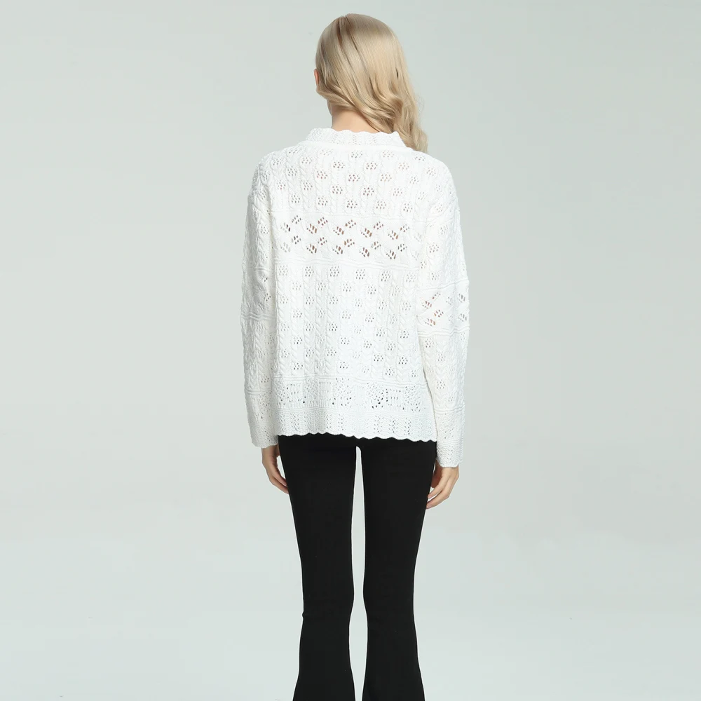 Autumn Winter Long Sleeve Wave Crochet Hollow Out Knitted Pullover Loose Women Sweater Kawaii Sweet Girl Knitwear White Jumper | Женская