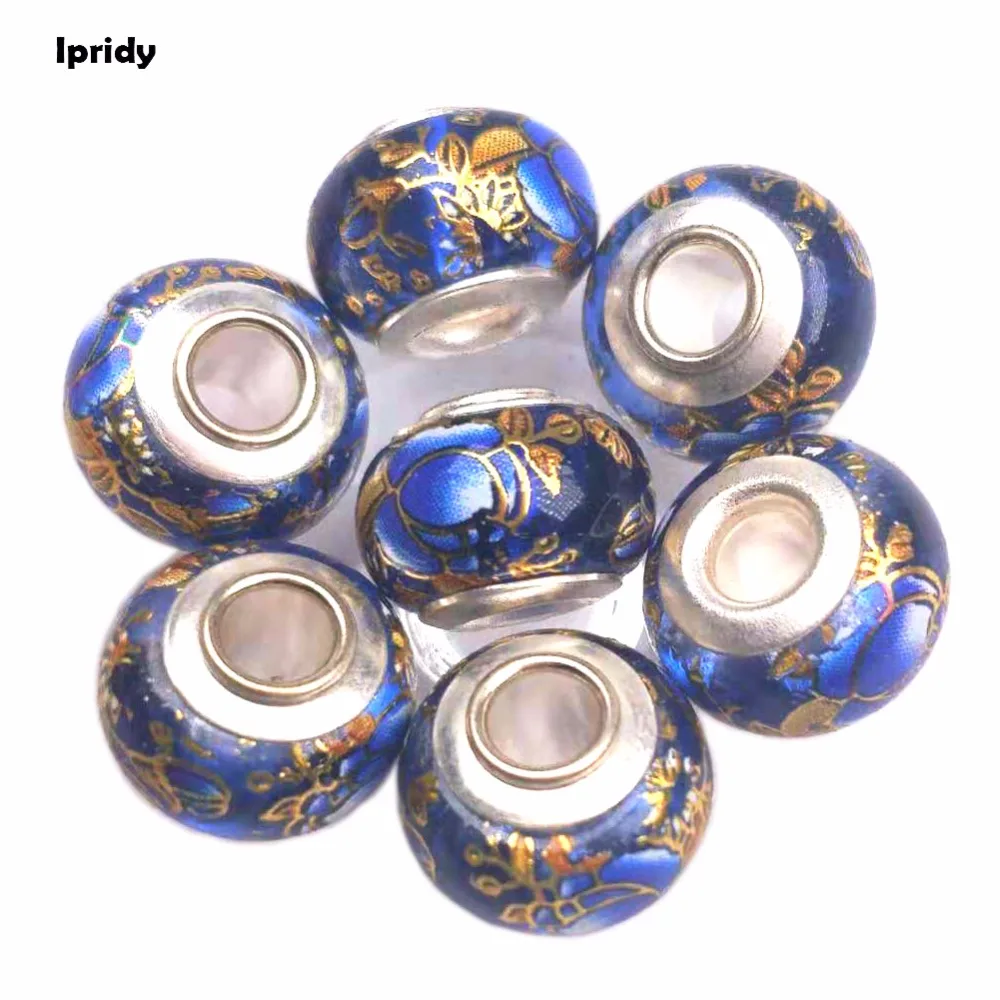 20Pcs/lot 14mm Blue Rose Flower European Beads with Silver Brass Pipe core,Large Hole Glass Beads for Jewelry Making
