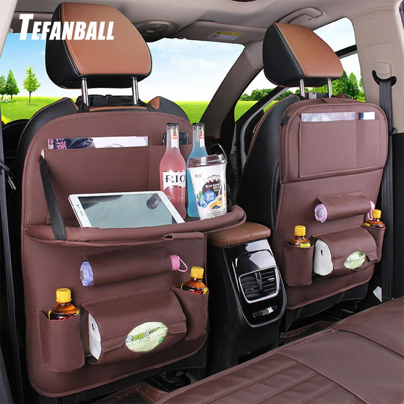 

PU Leather Car Seat Back Bag Folding Table Organizer Pad Drink Chair Storage Box Travel Stowing Tidying Automobile Accessories