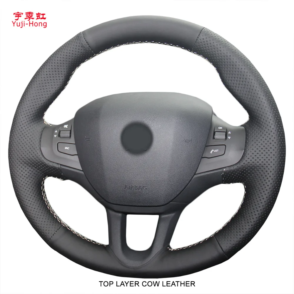 

Yuji-Hong Car Steering Covers Case for Peugeot 2008 2014 Auto Wheel Hand-stitched Top Layer Genuine Cow Leather Cover