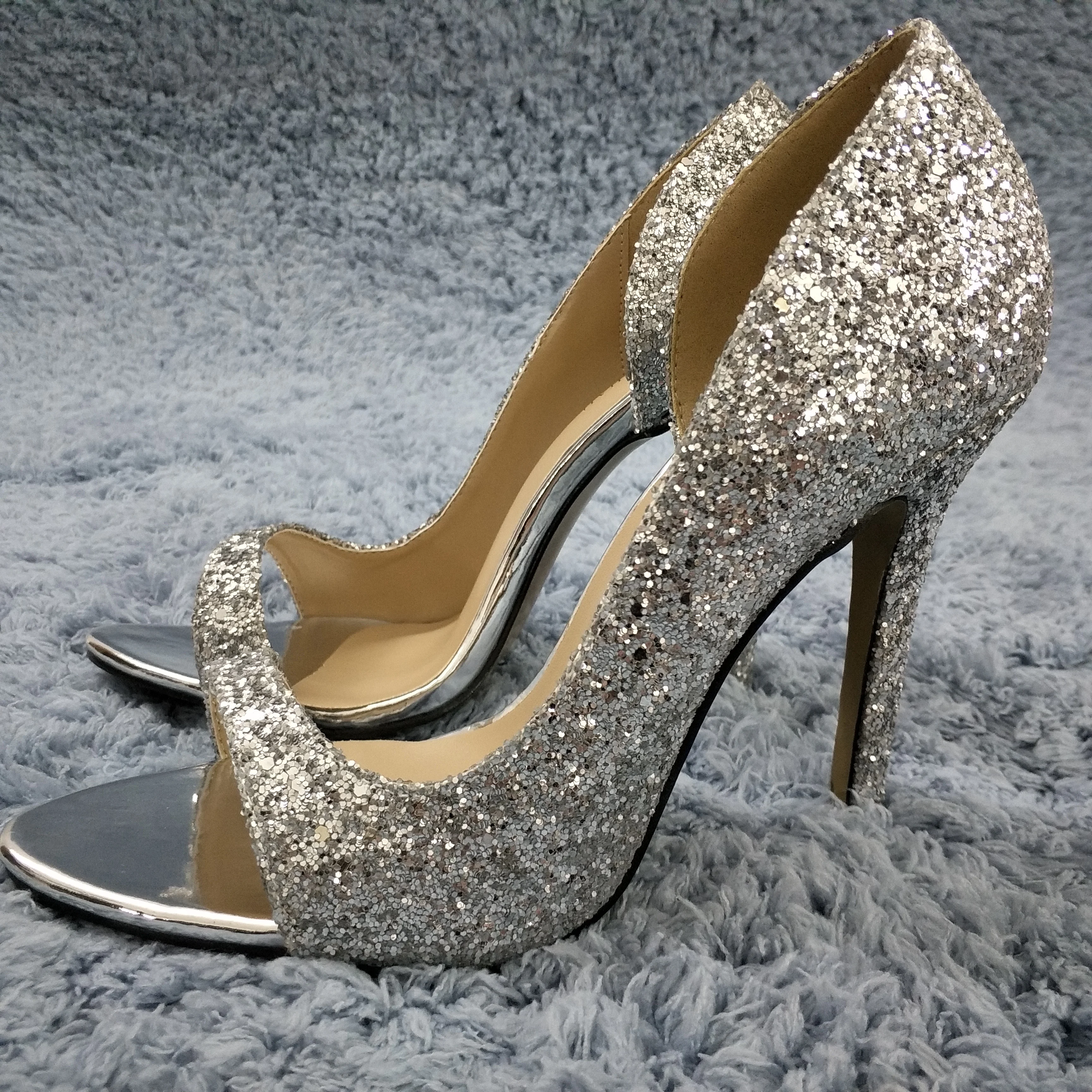 

Women Stiletto Thin High Heel Sandals Sexy Open Toe Silver Glitter Patent Fashion Wedding Bridals Party Ball Lady Shoes 0640C-Q2