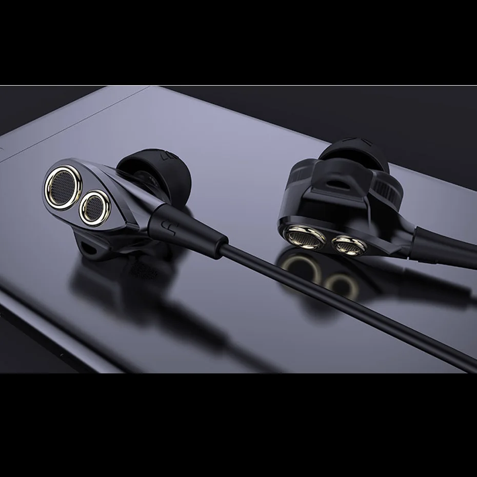 Rukz DT6 двойной динамический Динамик Hi-Fi наушники с микрофоном для XIAOMI смартфон в