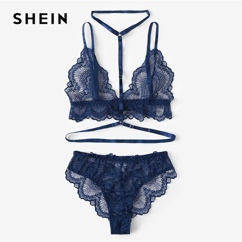 SHEIN Кружевной Комплект Белья С Фестонами Сексуальное Женское Белье С V-образным Вырезом Без Рукавов