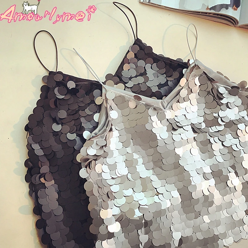 Sequin Cami сексуальный укороченный топ, летний женский топ на бретельках, тонкий топ с открытой спиной, Обрезанные Топы