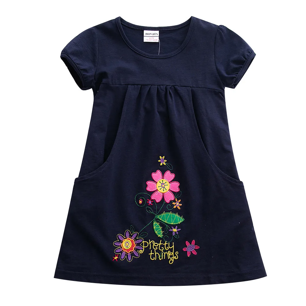 H7104-Navy-2 JUXINSU/Детские летние хлопковые платья с короткими рукавами и цветочным принтом для маленьких девочек; одежда для От 1 до 6 лет - Цвет: H7104-Navy-2