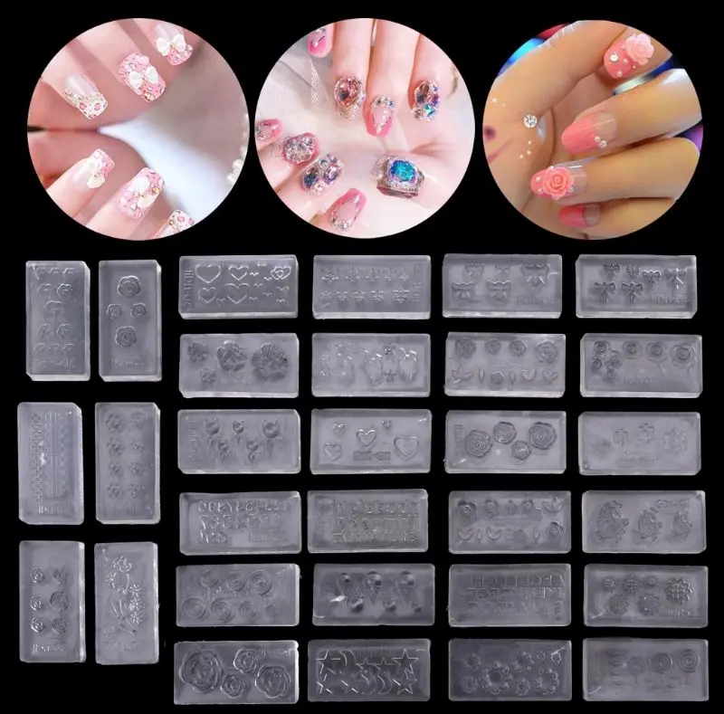 

30 Styles DIY 3D Acrylic Nail Art Tool Silicone Carved Mold Template Mould Kit