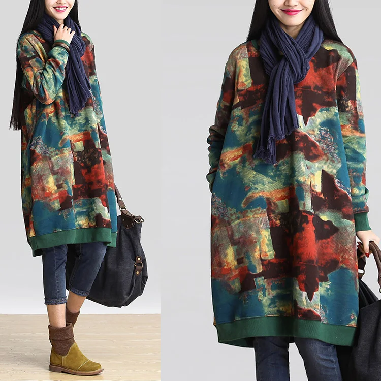 Women Dress Vintage 2018 Spring New Plus Size Clothes Loose Korean Fashion Cotton Robe Print Floral Warm |
