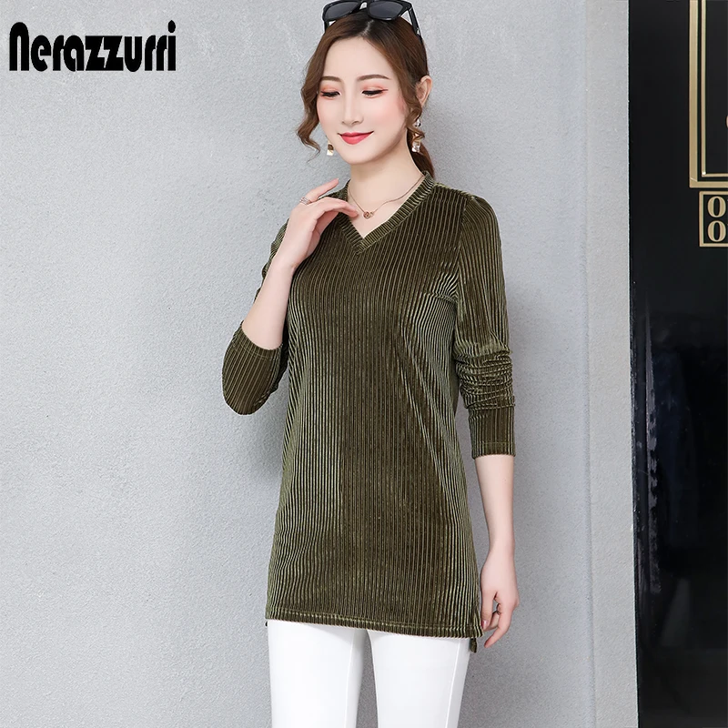 Army green Nerazzurri Женские топы и блузки размера плюс 5xl 6xl 7xl белая блузка с длинным рукавом и v-образным вырезом для женщин Осенняя полосатая бархатная рубашка - Цвет: Army green