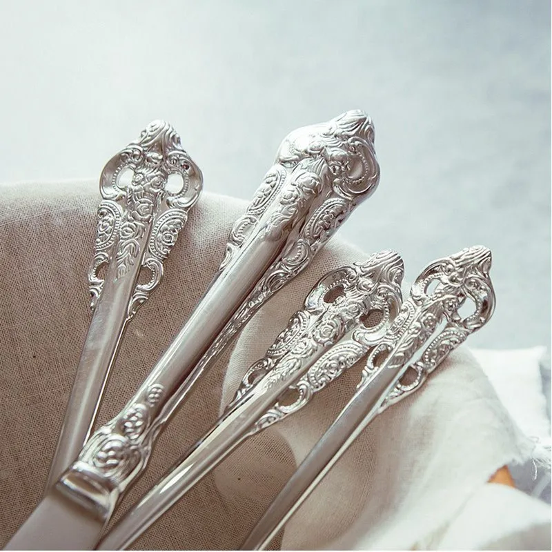 Фото Элегантный нож из нержавеющей стали European Gilt Palace Fork, набор столовой посуды с золотым совком, дизайн резных ручек, столовые приборы, 24 шт., 6 наборов №5
