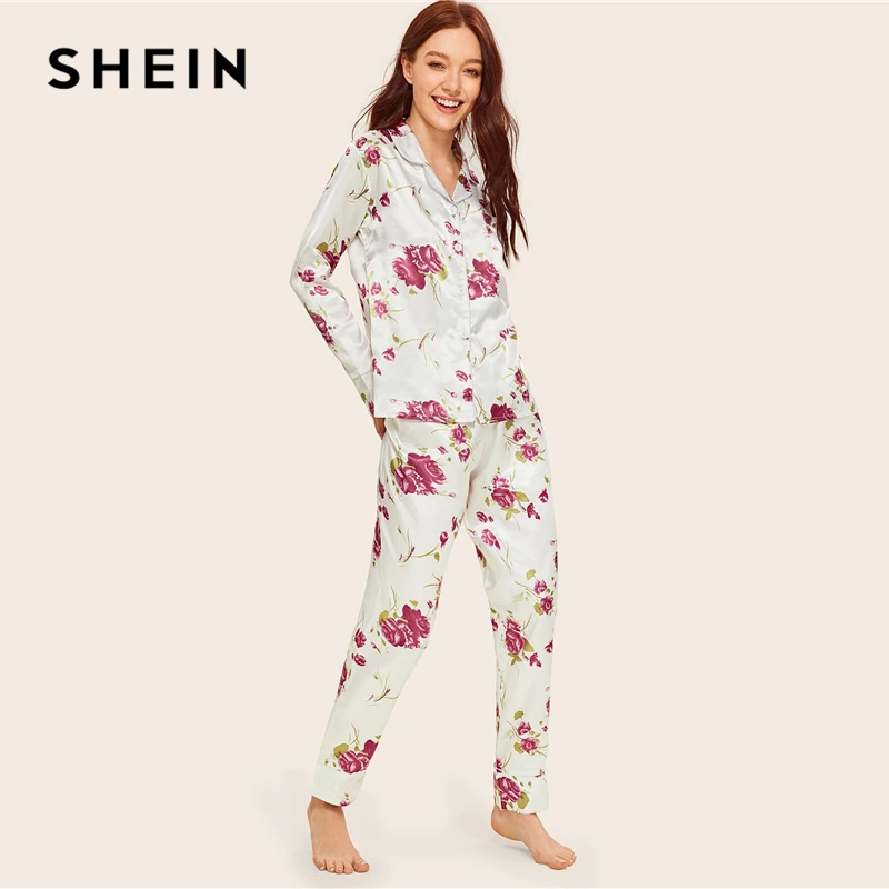 SHEIN, сатиновый пижамный комплект с цветочным принтом, женская одежда, весна-осень, длинные комплекты с пуговицами, с карманами, с длинным рукавом, пижамные комплекты, одежда для сна