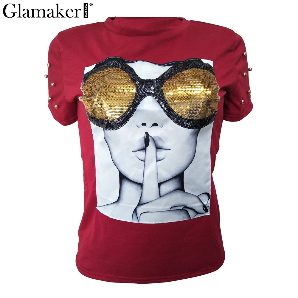 Glamaker, черная футболка с блестками, короткий рукав, уличная одежда, рисунок лица, Повседневная белая футболка с заклепками, женская футболка для фитнеса, летний топ - Цвет: Красный