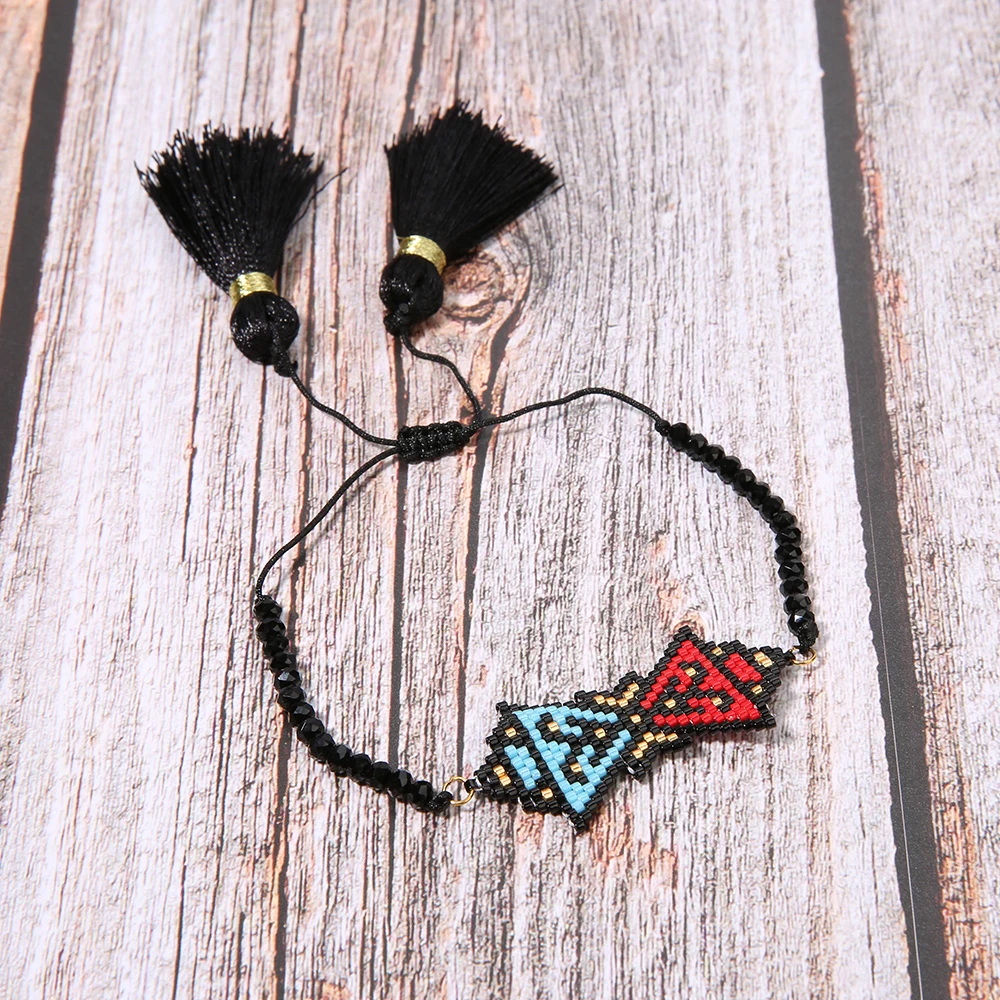 OAIITE Fashion Bracelets Smiley Face Seed Bead Tassel Black Adjustable National style Handmade Bracelet Couple Gift | Украшения и