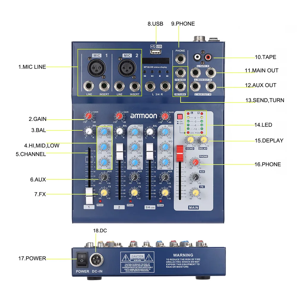 Ammoon F4 USB 3 канальный цифровой линия для микрофона Аудио смешивания микшерный
