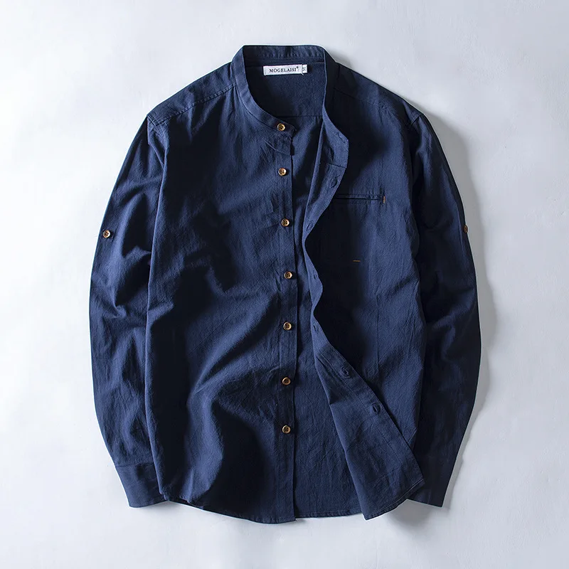 2018 new arrivals Men's stand collar long sleeve shirt with pocket white green blue summer casual shirts men cotton male | Мужская