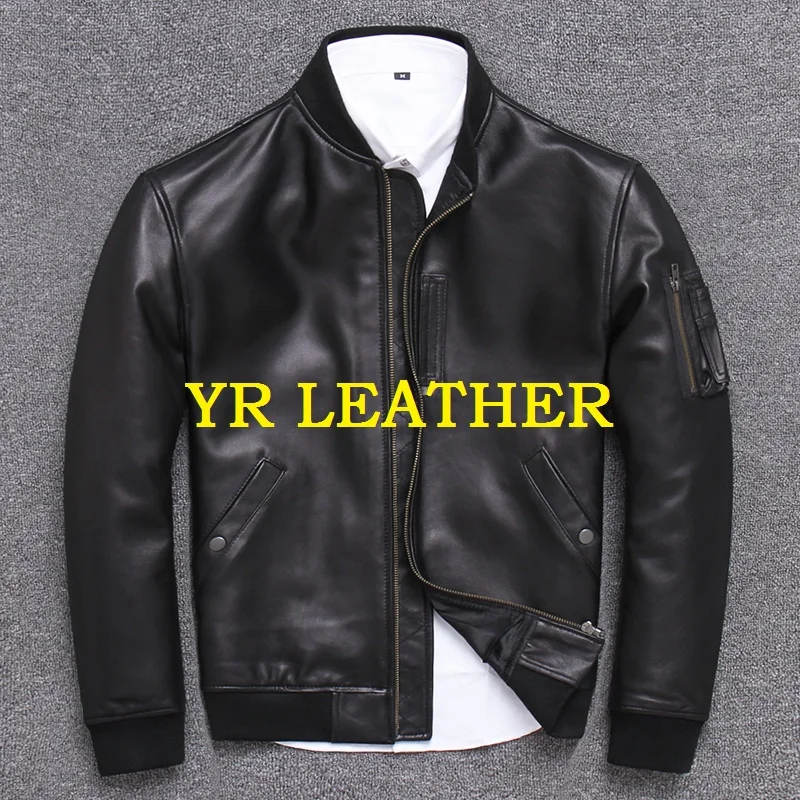 

YR!Free shipping.Wholesales.Brand New casual style leather jacket.mens sheepskin coat.soft slim MA-1 Bomber pilot clothes